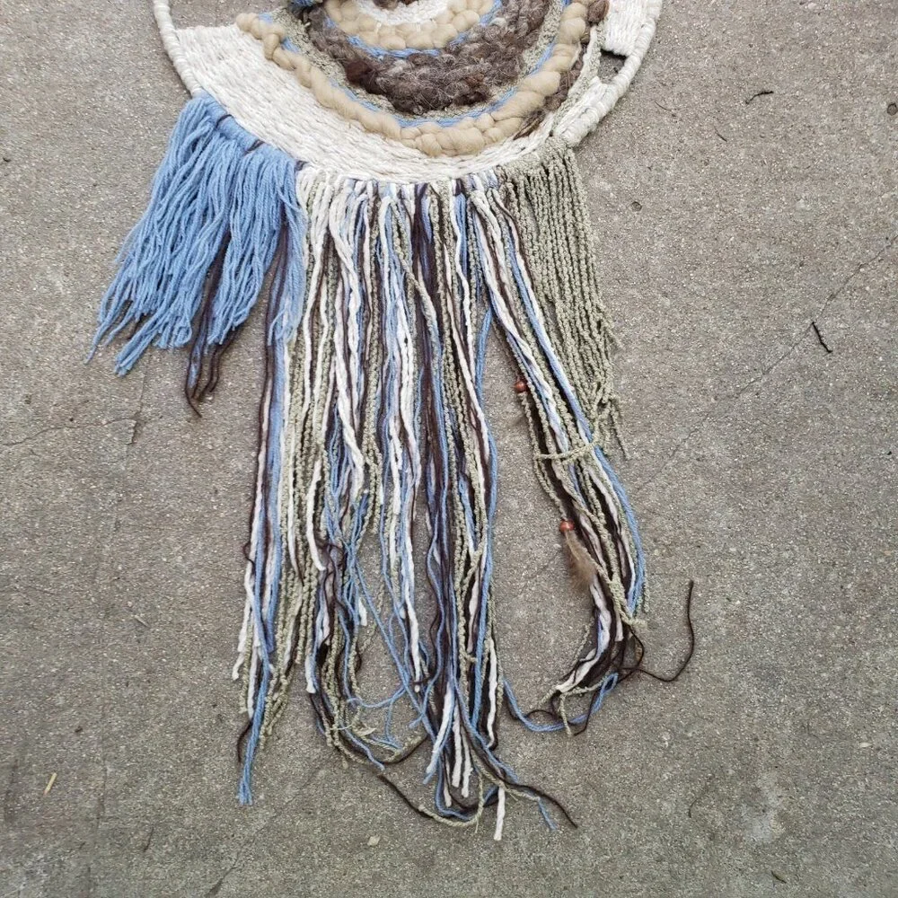 Vintage 1980s Woven‎ Wool Fiber Art Dream Catcher Wall Hanging